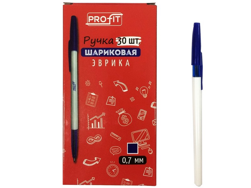Ручка шариковая "ЭВРИКА" СИНЯЯ d=0,7, белый прозрачный корпус, (30шт/уп.) РШ-3163