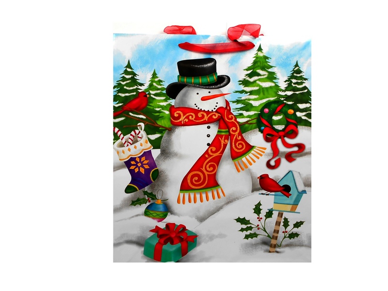 Пакет подарочный Снеговик в шляпе (L-ламинация+глиттер) СШ-0159