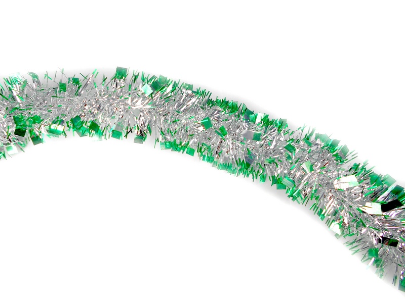 Мишура серебряная Иней (зелёные кончики) длина 2 м, d=5 см НУ-4838
