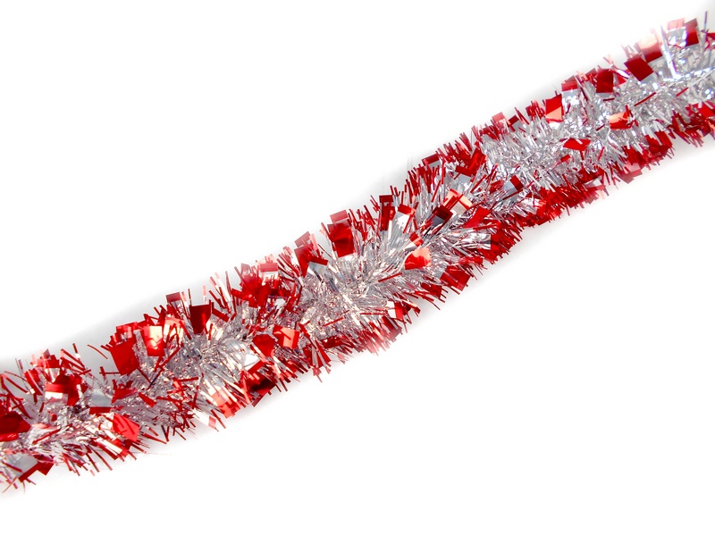 Мишура серебряная Иней (красные кончики) длина 2 м, d=5 см НУ-4839