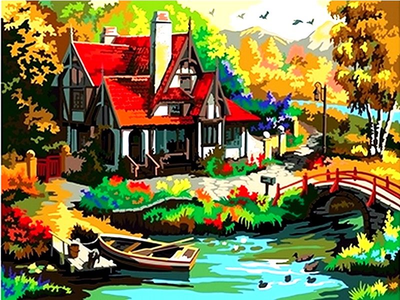 Холст с красками 30х40 см в пленке. ДОМ С ПРИЧАЛОМ