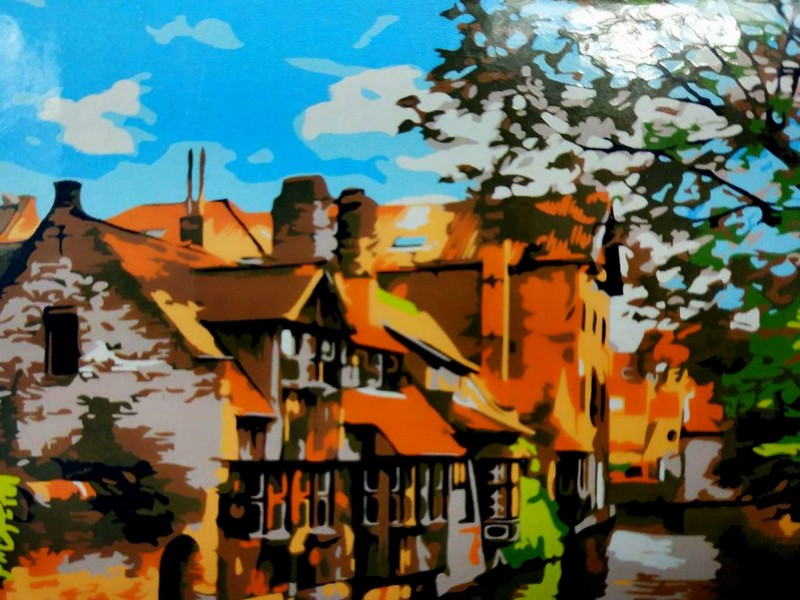 Холст с красками 22х30 см по номерам. ДОМА У ВОДЫ