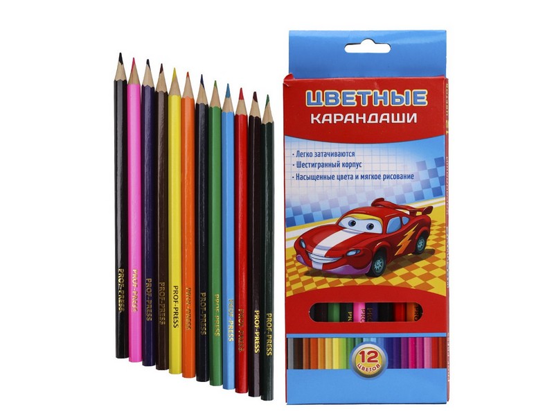Карандаши цветные, гексаг. 12цв. АВТО НА СТАРТЕ (гриф.d=2,8 мм) К-7024