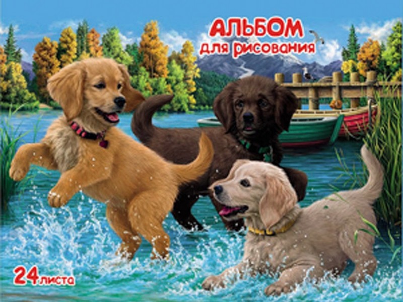 Альбом для рисования А5 24л. ЩЕНКИ НА ПРУДУ (скрепка, целл.картон, офсет) 24-4556