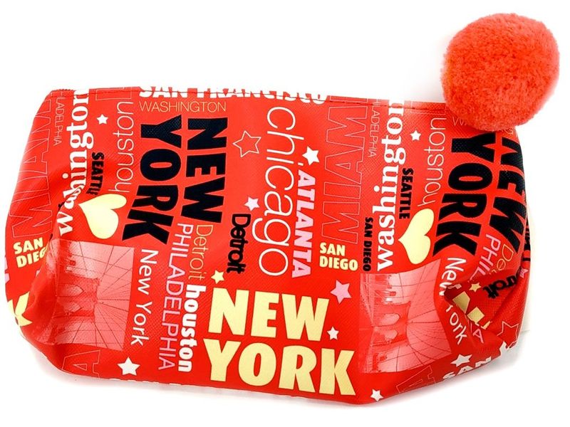 Пенал-косметичка с бубоном Нью-Йорк красный, принт. ткань гладкая (УК-3772)