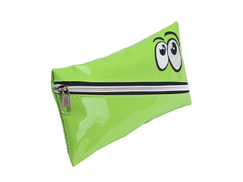 Пенал-косметичка ЗЕЛЕНЫЙ СМАЙЛ диагональная молния, лак, вышивка (ПМ-6278)