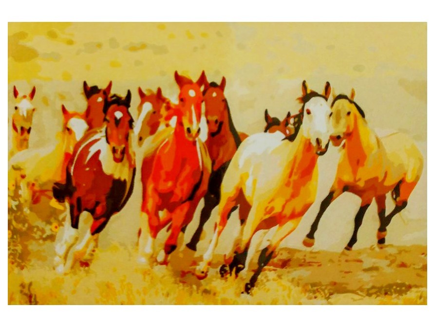 Холст с красками 40х50 см по номерам. ЛОШАДИ В ПОЛЕ