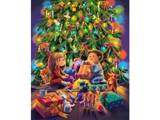 Холст 40х50 с красками Детишки разбирают подарки (Х-4991)