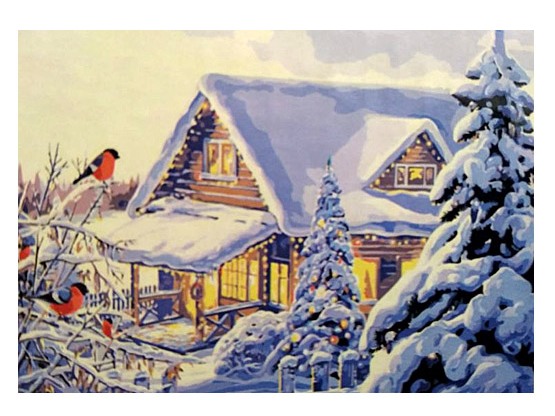 Холст 40х50 с красками Снежный домик и снегири (Х-4996)