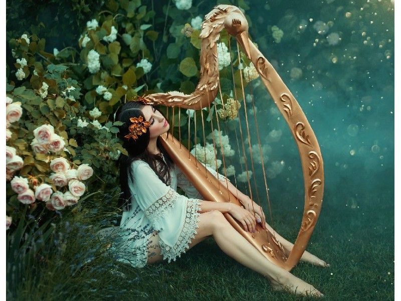 Холст с красками 30х40 см по номерам. КРАСИВАЯ ДЕВУШКА С АРФОЙ