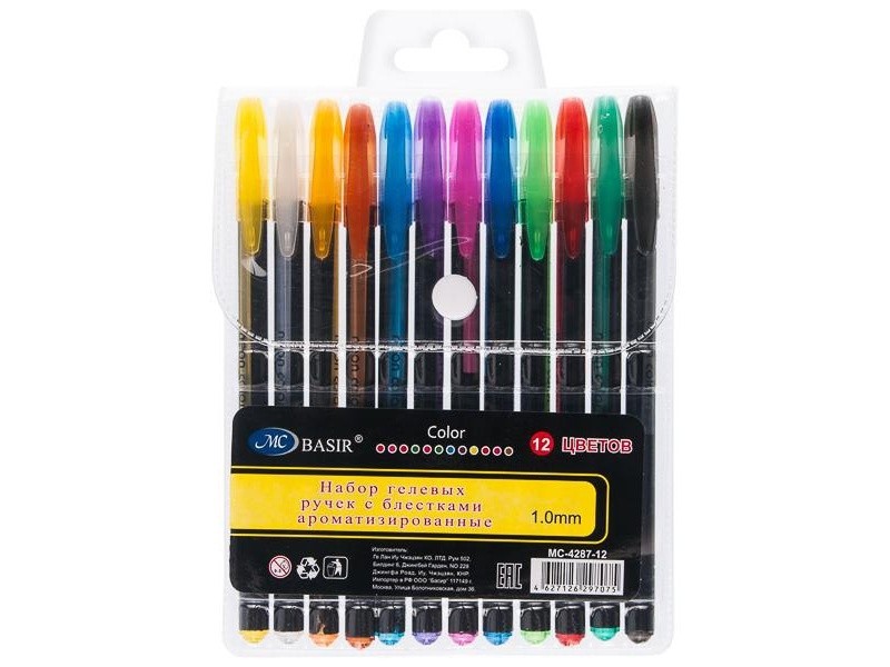 Набор гелевых ручек «BASIR» (аромат., с блестками, неон.) 12 цветов