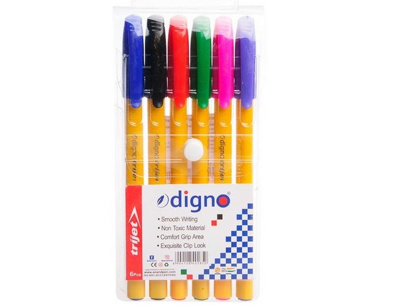 Набор масляных ручек «DIGNO» (трехгранный желтый корпус, игольч. 0,7 мм) 6 цветов