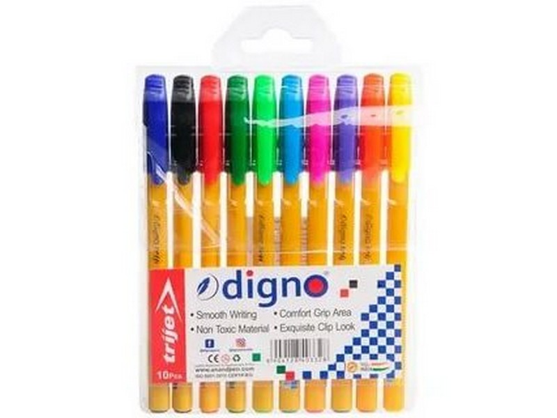 Набор масляных ручек «DIGNO» (трехгранный желтый корпус, игольч. 0,7 мм) 10 цветов