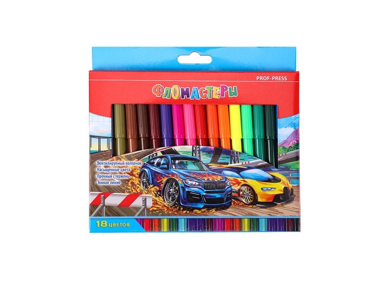 Фломастеры вентилируемые 18цв. "АВТО" в кор. Ф-0233
