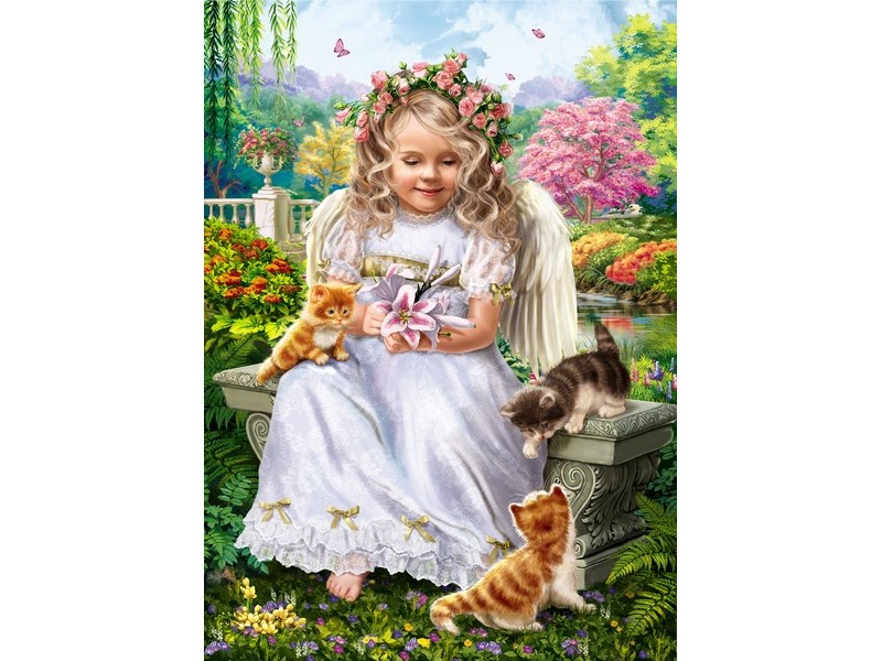 Холст с красками 22х30 см по номерам. МИЛЫЙ АНГЕЛОЧЕК С КОТЯТАМИ