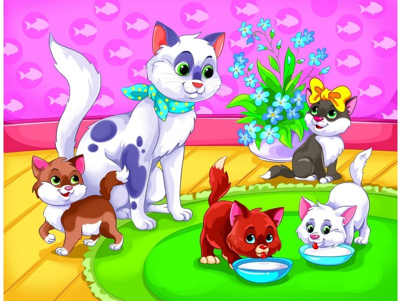 Холст с красками 22х30 см по номерам. КОШЕЧКА С КОТЯТАМИ