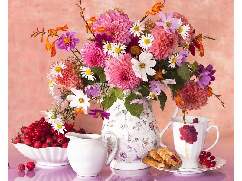 Холст с красками 22х30 см по номерам. БЕЛЫЙ СЕРВИЗ И ЛЕТНИЙ БУКЕТ