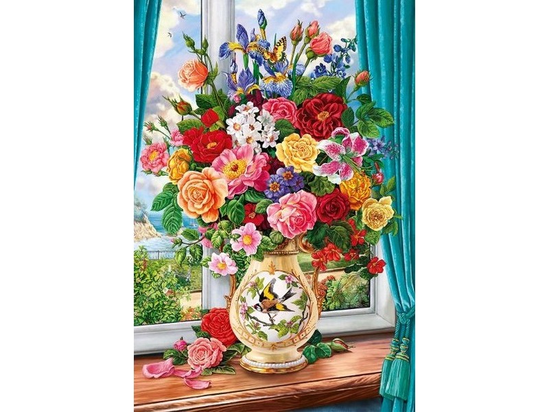 Холст с красками 30х40 см по номерам. ЯРКИЙ БУКЕТ НА ОКНЕ
