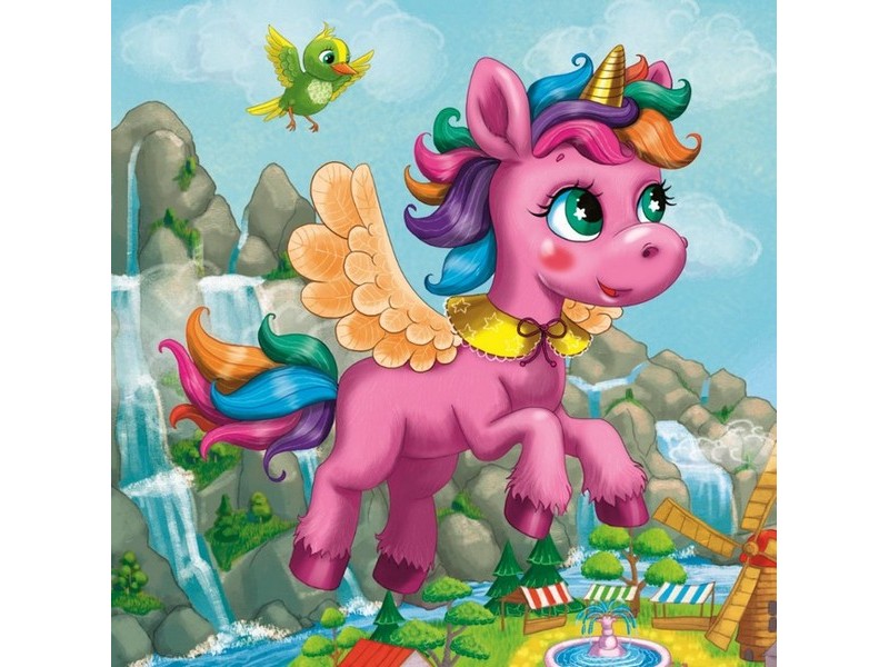 Холст с красками 20х20 см по номерам. ЛЕТЯЩИЙ РОЗОВЫЙ ЕДИНОРОЖЕК