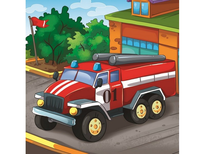 Холст с красками 20х20 см по номерам. ПОЖАРНАЯ КРАСНАЯ МАШИНА