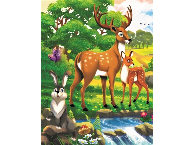 Холст с красками 17х22 см по номерам. ДРУЖЕЛЮБНЫЕ ЗВЕРЯТА У РЕКИ