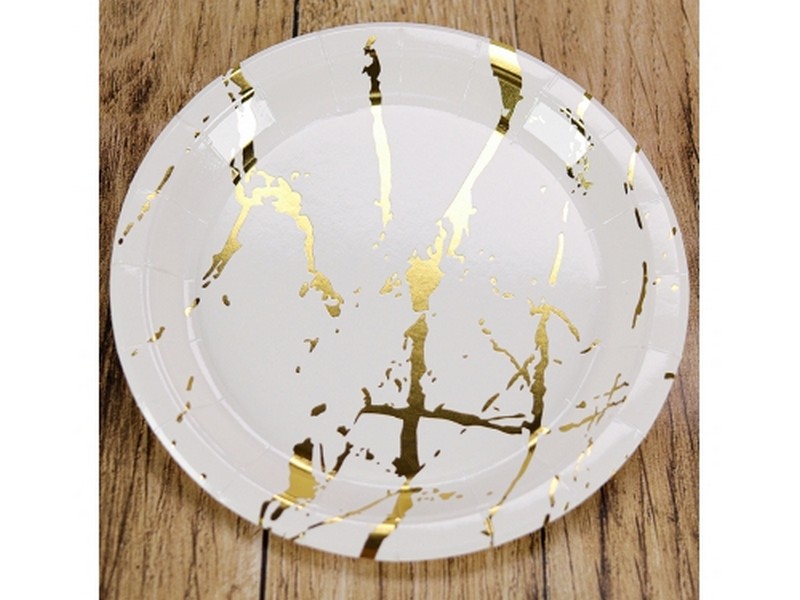 Тарелка бумажная с золотым тиснением БЕЛЫЙ МРАМОР (18 см, 6 шт) ФЛ-2765