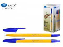 48246 [MC-1147 С синяя]Ручка масляная «BASIR» желтый корпус 1 мм СИНЯЯ (50шт/уп)