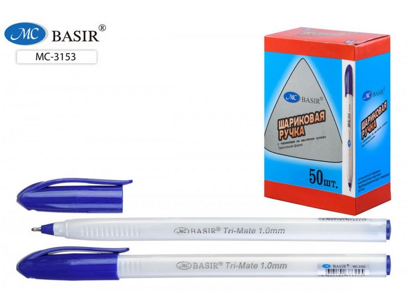 Ручка масляная «BASIR» белый трехгранный корпус 1 мм СИНЯЯ (50шт/уп)