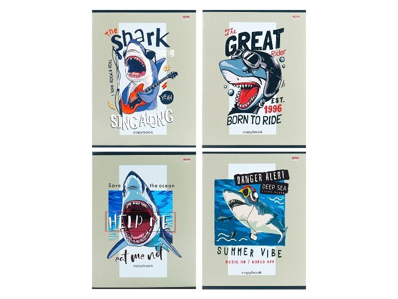 Тетрадь 96 л КЛЕТКА "КРУТЫЕ АКУЛЫ" (мелов. картон, лен, офсет)