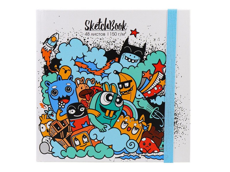 Скетчбук 48л. ВЕСЕЛЫЕ МУЛЬТЯШКИ 16,5*16,5 см (7БЦ, мат. лам., лен, резинка) 48-0633
