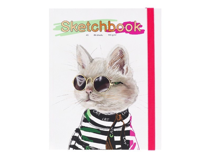 Скетчбук А5 80л. КОТ В ОЧКАХ (7БЦ, мат. лам., на резинке) С80-3060