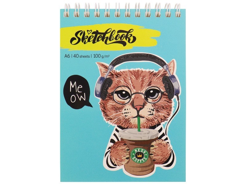 Скетчбук А6 40л. ЖИВОТНЫЕ. КОТ В НАУШНИКАХ (гребень, мат. лам.) С40-4602