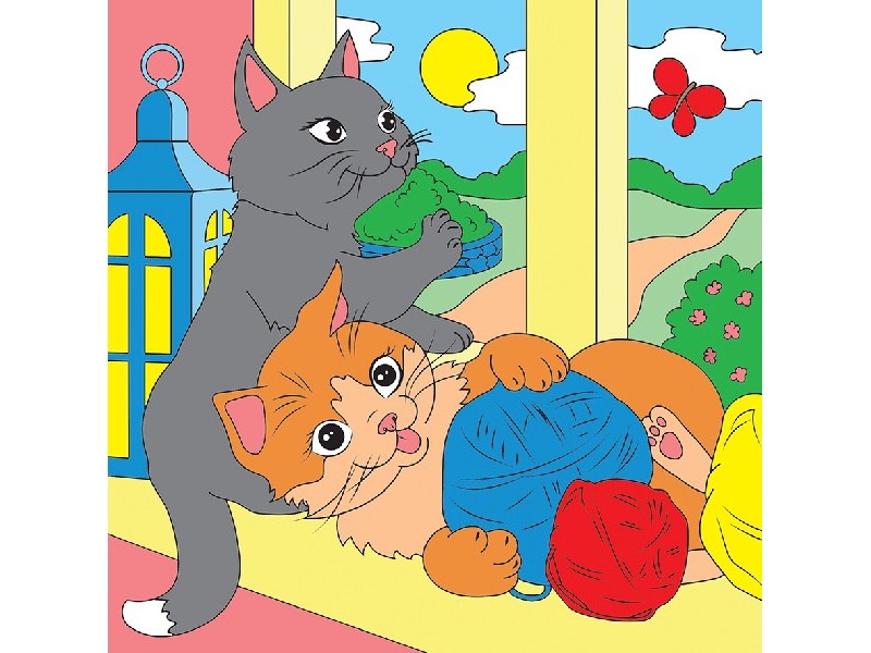 Купить оптом Холст с красками 15х15 см по номерам в пленке. КОТЯТА С КЛУБКАМИ в Луганске