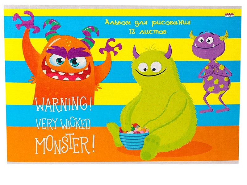 Альбом для рисования А4 12л МОНСТРИКИ-1 (скрепка, лен)