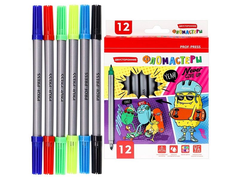 Купить оптом Фломастеры двусторонние вентилируемые 12шт "СКЕЙТ-БАНДА" на водной основе в Луганске