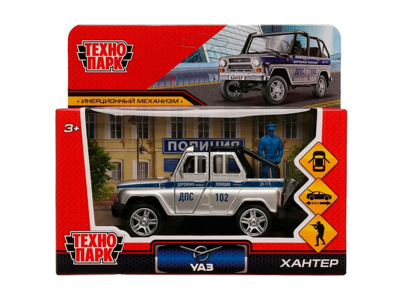 ТЕХНОПАРК МАШИНА UAZ HUNTER ПОЛИЦИЯ МЕТАЛЛ. ИНЕРЦ. 11,5СМ (ОТКРЫВ. ДВЕРИ, БАГАЖНИК) В КОР.