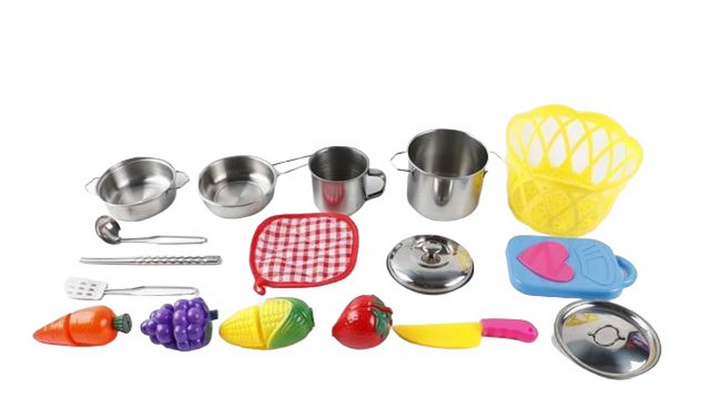 Набор посуды (металл.) с разрезными продуктами и корзиной 17 предметов в сетке 1445553