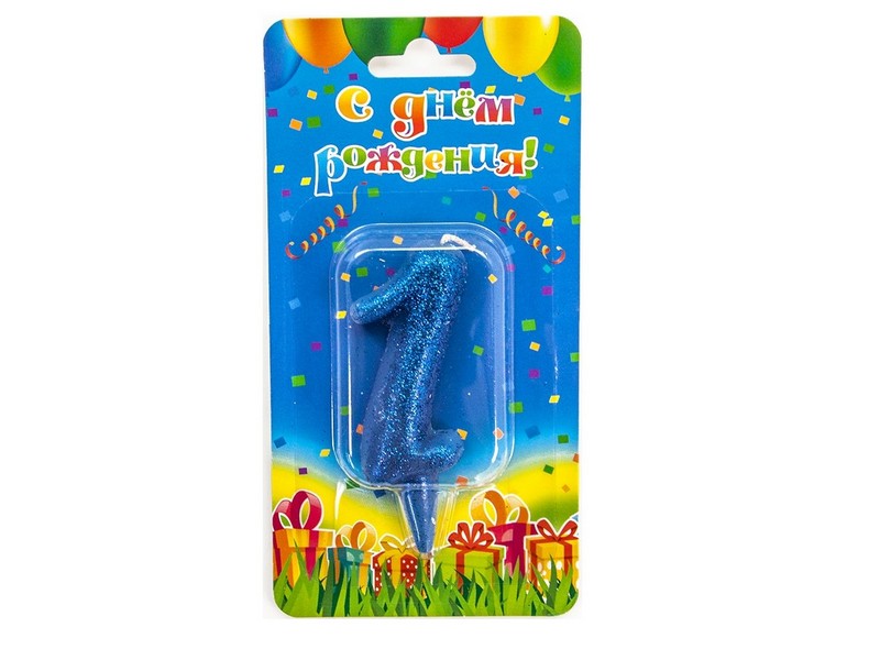 Свеча для торта синяя с блестками «Овал» Цифра «1» 8 см