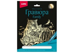 57784 [Гр-646]Гравюра 24*17,5 см золото "Family. Тигры"