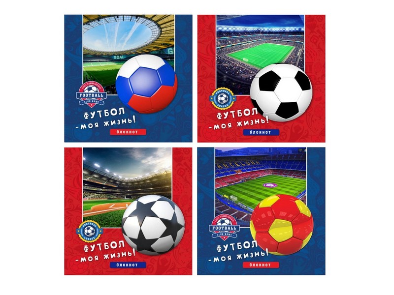 БЛОКНОТ А6 40л. клетка «ФУТБОЛЬНЫЕ МЯЧИ» (спираль, цвет. мелов. обл., офсет)