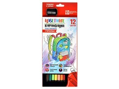 62386 [58633]Набор цветных трёхгранных карандашей с точилкой «ЯРКИЙ РЮКЗАК» 12 цветов (пластик)