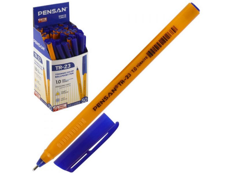 Ручка масляная «PENSAN TR-23» желтый трехгранный корпус 1мм СИНЯЯ (50шт/уп)