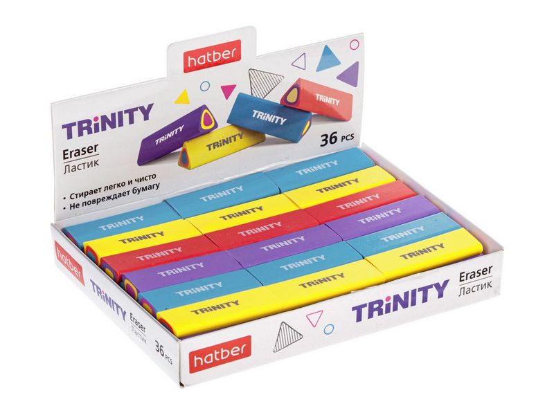 Ластик «Hatber Trinity» трехугольный цветной (36шт/уп)