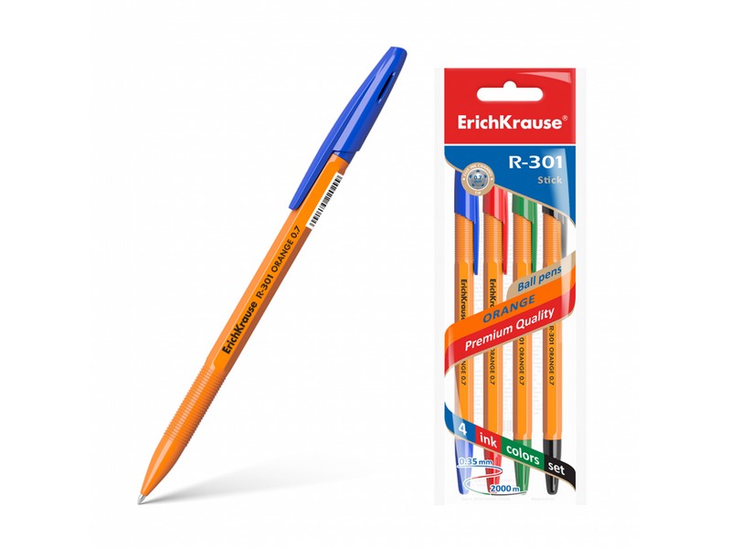 Набор шариковых ручек «E.Krause. Orange Stick R-301» 4 цвета (красная, синяя, зеленая, черная)