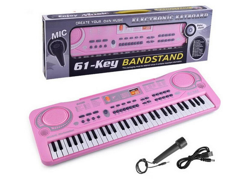 Синтезатор на бат. (заряд от USB) 61 клавиша с микрофоном 54*18*5 см в кор. 6106粉色