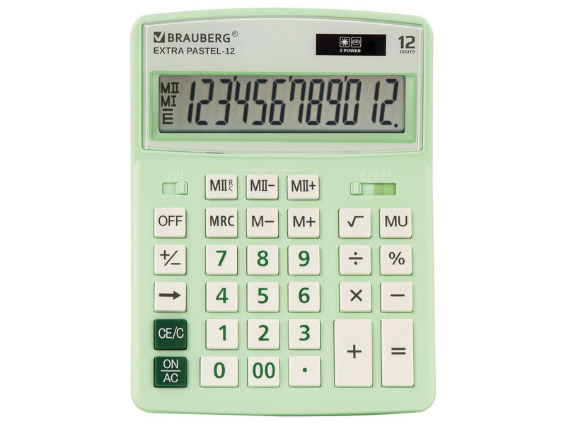 Калькулятор настольный 12 разрядный, двойное питание «BRAUBERG EXTRA PASTEL» мятный 20*15 см
