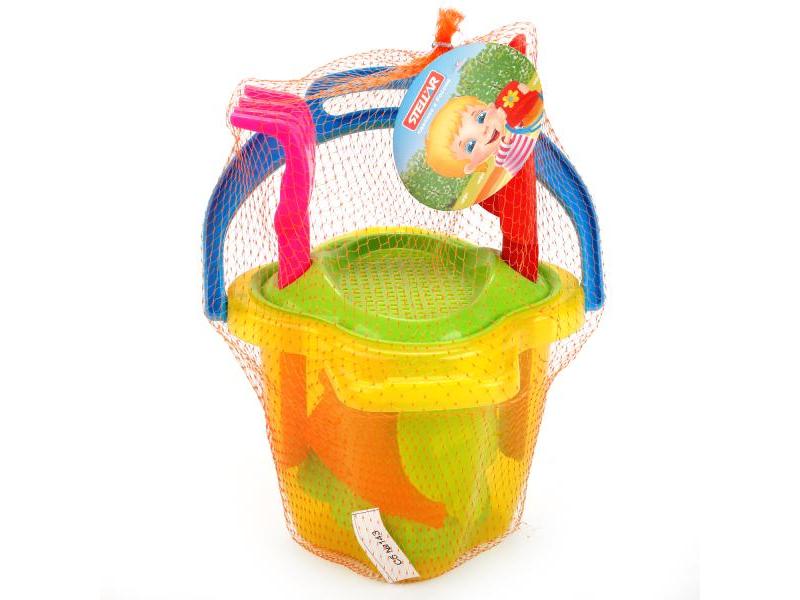 Песочный набор № 135 (ведро-кувшин 1,1 л прозрачное, сито, лопатка 19 см, грабли 19 см, 3 формочки)