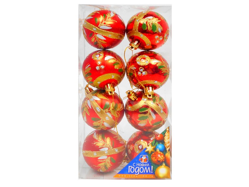 ШАР 60ММ С РИСУНКОМ РАЗНОЦВЕТНЫЕ ВЕТКИ БЛЕСТЯЩИЙ/МАТОВЫЙ 8ШТ КРАСНЫЙ/ЗОЛОТОЙ ПРОЗРАЧНАЯ КОРОБКА