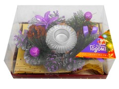26743 [52-00700-70]ПОДСВЕЧНИК 15 СМ НА 1 СВЕЧКУ СИРЕНЕВЫЙ С ШИШКАМИ В ПРОЗРАЧНОЙ КОРОБКЕ