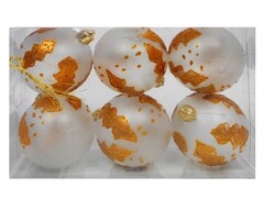 26761 [52-00104-112]ШАР 70ММ БЕЛЫЙ С РИСУНКОМ ЗОЛОТЫЕ ЛИСТЬЯ, МАТОВЫЙ/ПРОЗРАЧНЫЙ  6ШТ  ПРОЗРАЧНАЯ КОРОБКА